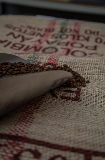 coffee beans in metal scoop